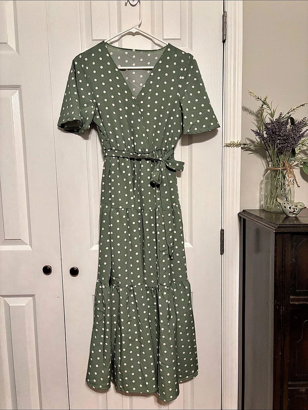Polka Dot Wrap Midi Dress in sage green & white NWOT